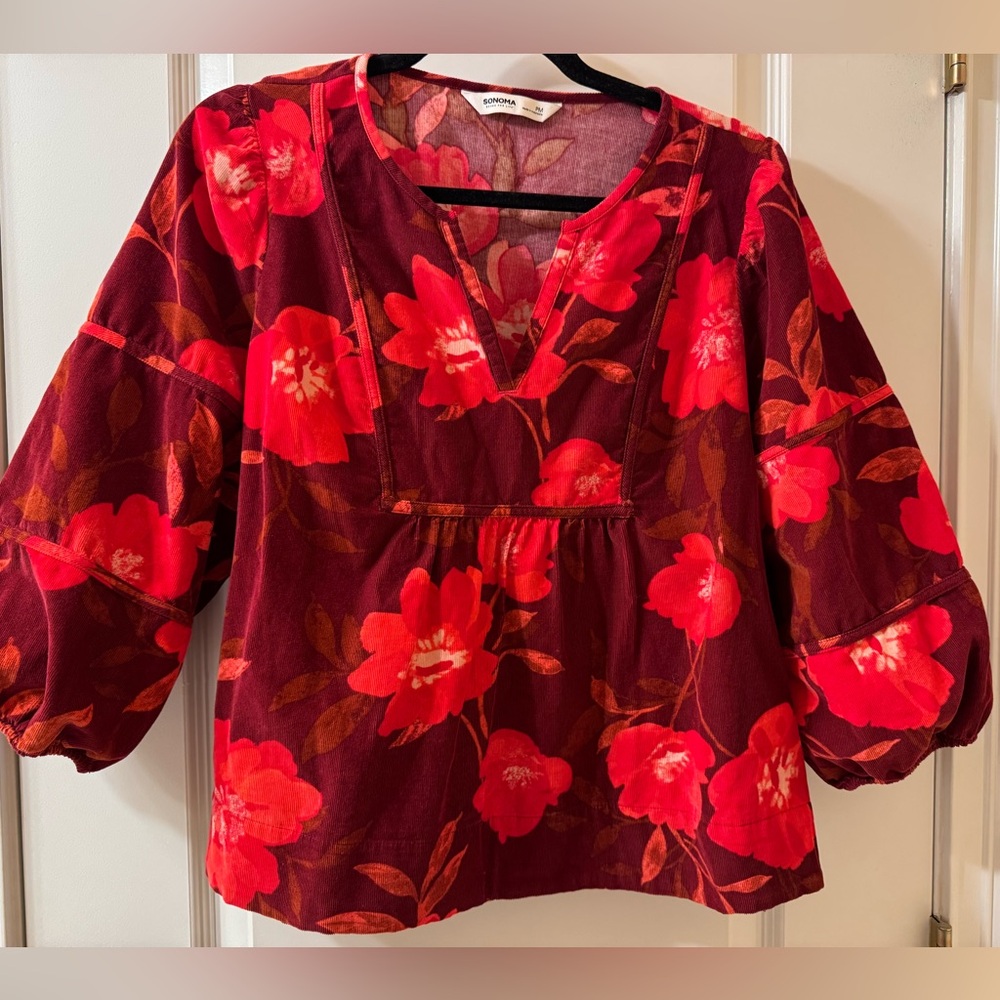 Sonoma Womens Corduroy Fall Floral Popover Top Boho Peasant Prairie Size PM - Picture 2 of 10